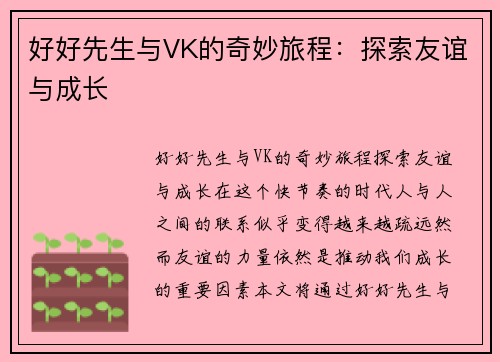 好好先生与VK的奇妙旅程：探索友谊与成长